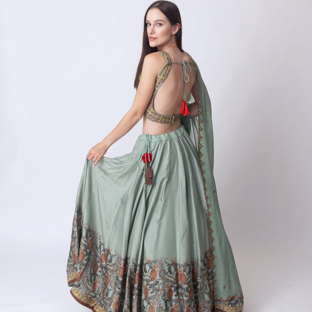 Ramone Pistachio Lehenga with embroidered choli and dupatta