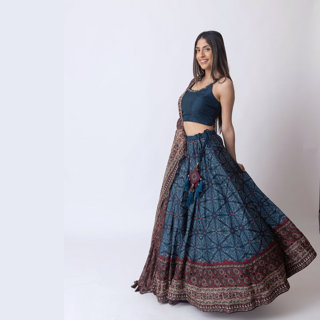 Kanika Blue Lehenga Choli Set with Bandhani Print