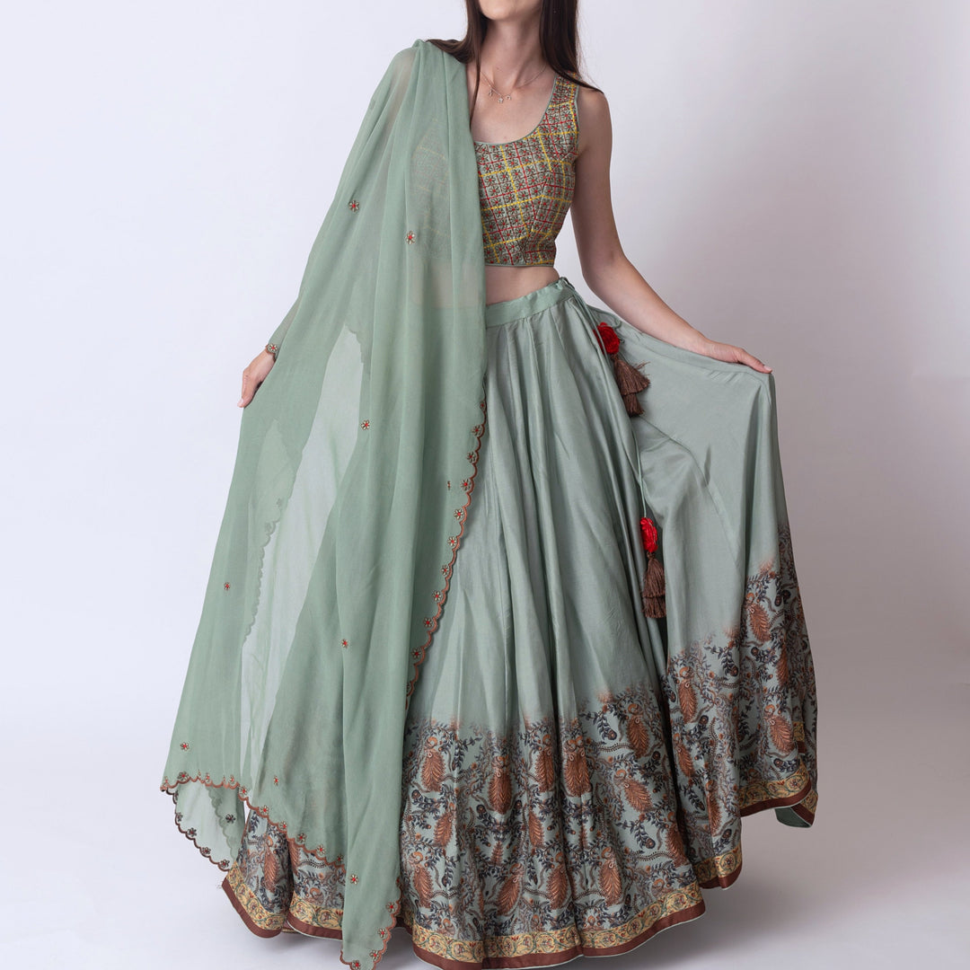 Ramone Pistachio Lehenga with embroidered choli and dupatta