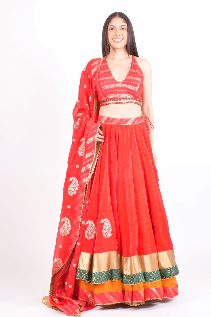 Layered Full Flare Red and Yellow Chaniya Choli Set-Raas USA