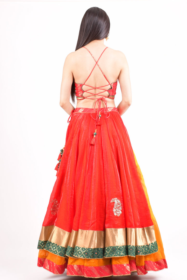 Layered Full Flare Red and Yellow Chaniya Choli Set-Raas USA