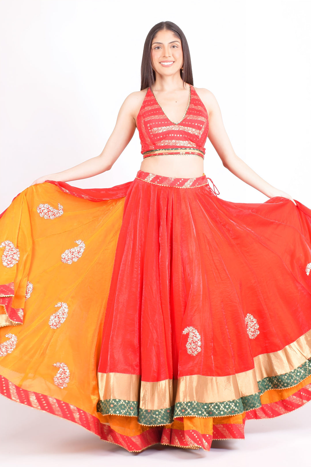 Layered Full Flare Red and Yellow Chaniya Choli Set-Raas USA