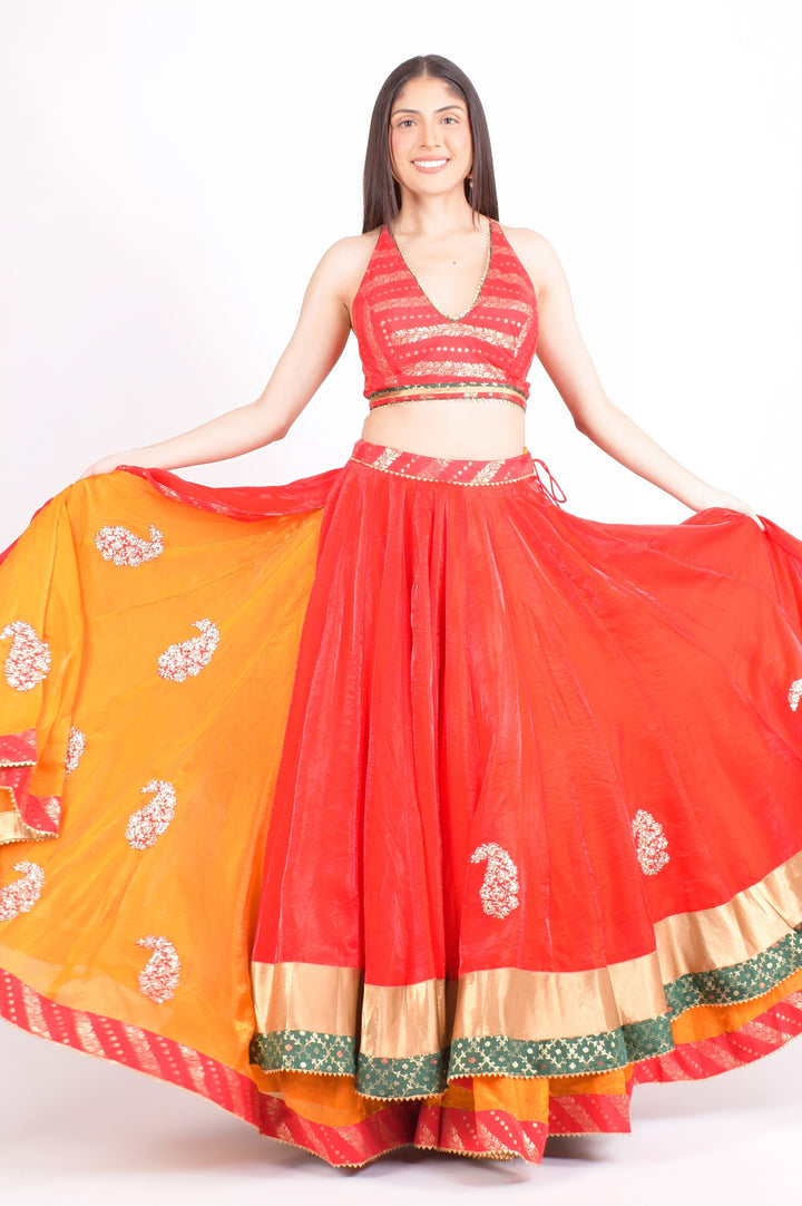 Layered Full Flare Red and Yellow Chaniya Choli Set-Raas USA