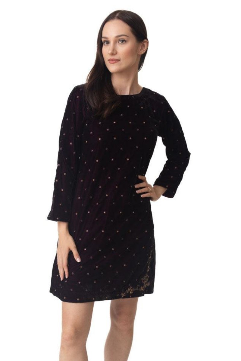 Lica Wine Velvet Dress with all-over hand embroidery, full sleeves, and a mini silhouette.