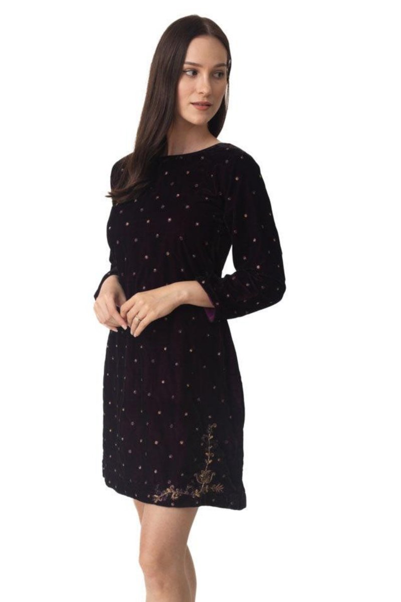 Lica Wine Velvet Dress: mini, full-sleeved, with all-over hand embroidery and gold floral hem detail.