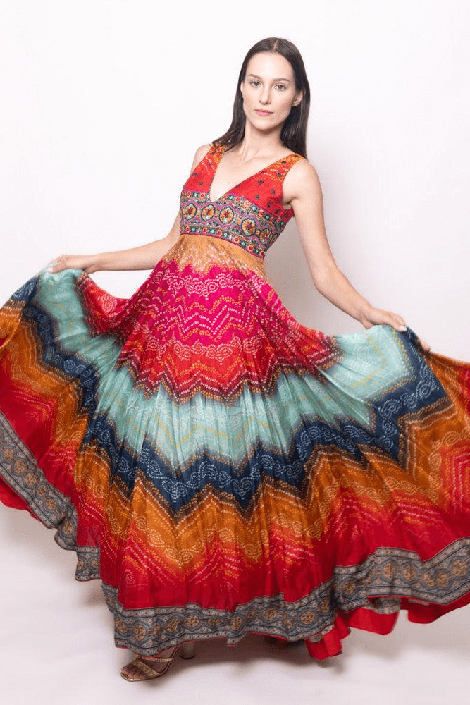 Silk Leandra Long Dress with embroidered bodice and vibrant bandhani print, v-neck, sleeveless.