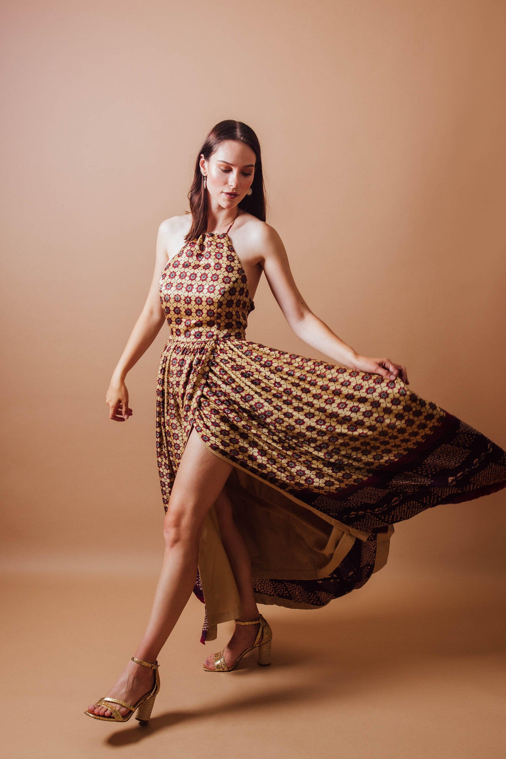 Ema Long Dress: gaji silk, hand-blocked ajrakh print, halter neckline, left leg slit.