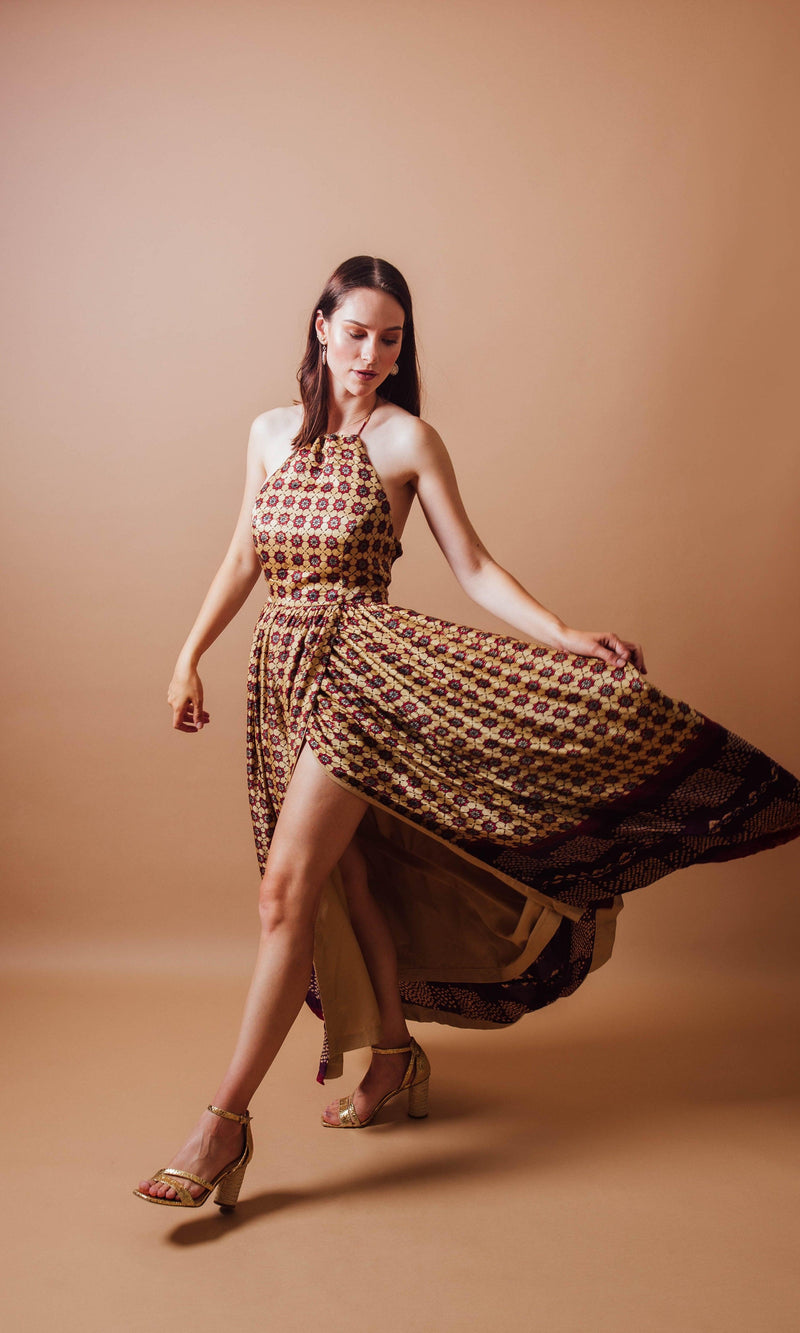 Ema Long Dress: gaji silk, hand-blocked ajrakh print, halter neckline, left leg slit.
