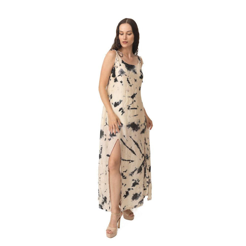 Off-white silk long dress with black hand tie-dye patches, scoop neck, and double slits.