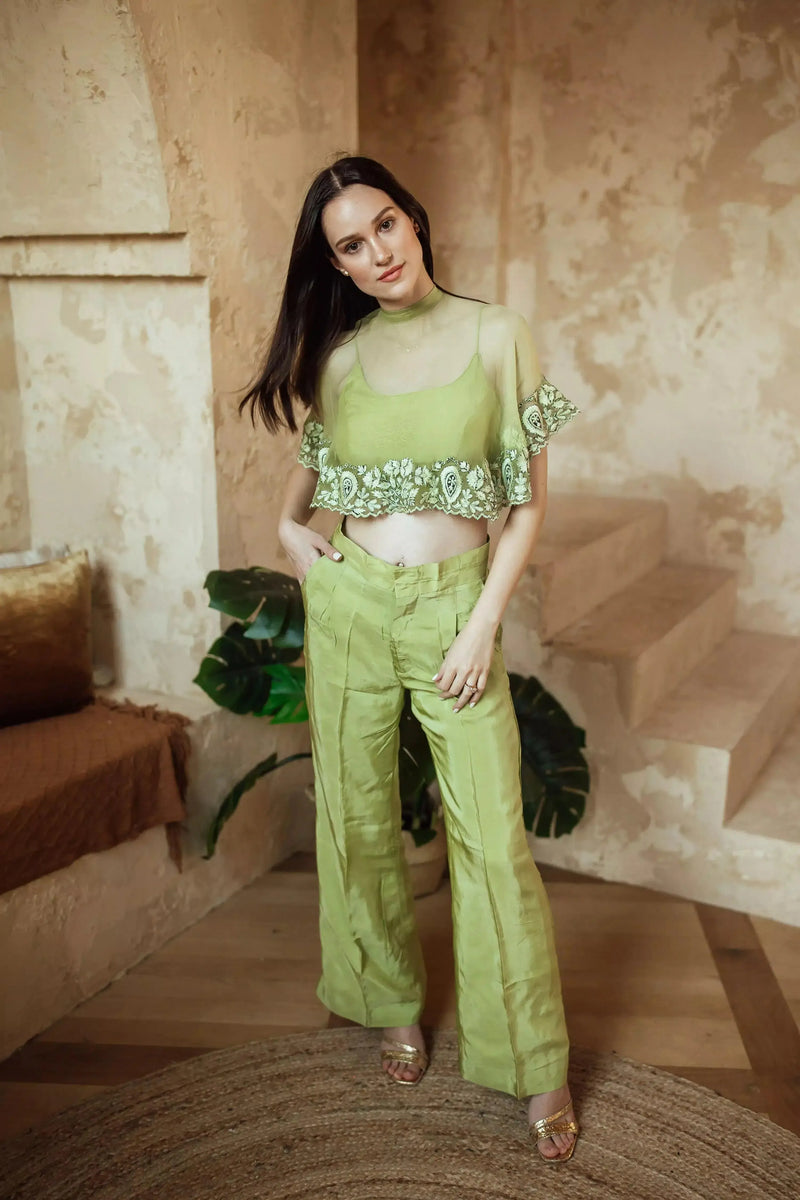 Mable Green Pant Set with Embroidered Cape Drape Coordinate set RAAS