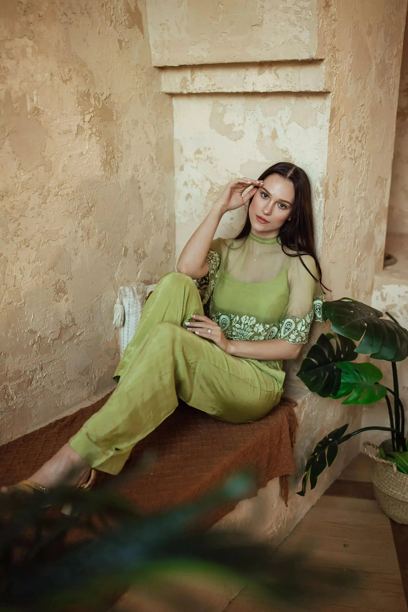 Mable Green Pant Set with Embroidered Cape Drape Coordinate set RAAS