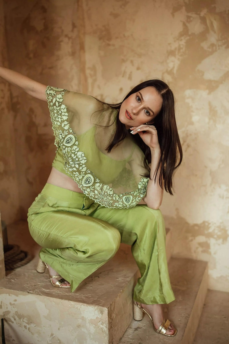 Mable Green Pant Set with Embroidered Cape Drape Coordinate set RAAS