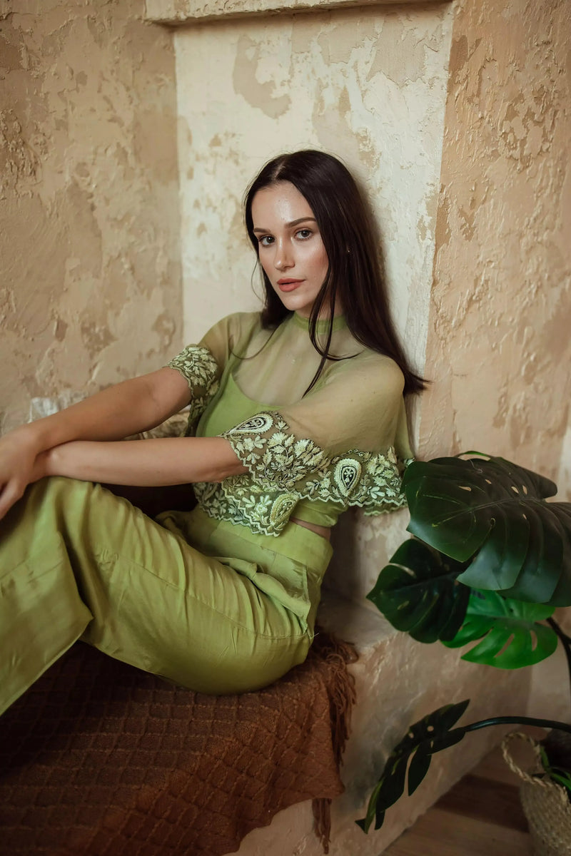 Mable Green Pant Set with Embroidered Cape Drape Coordinate set RAAS