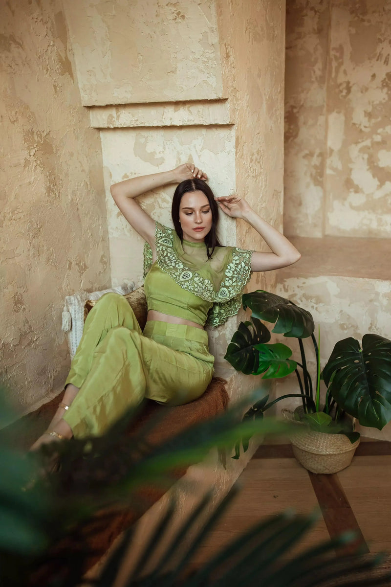 Mable Green Pant Set with Embroidered Cape Drape Coordinate set RAAS
