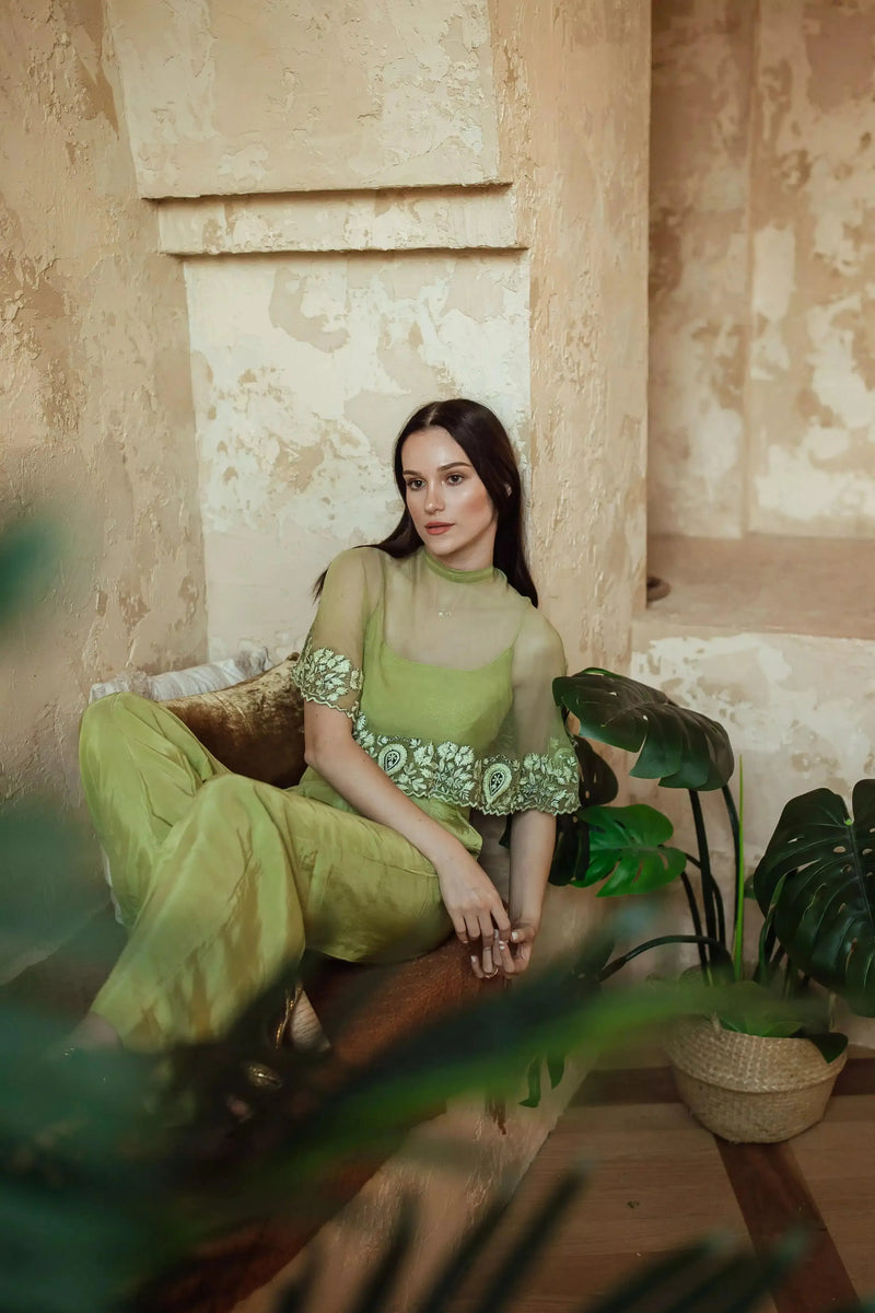 Mable Green Pant Set with Embroidered Cape Drape Coordinate set RAAS