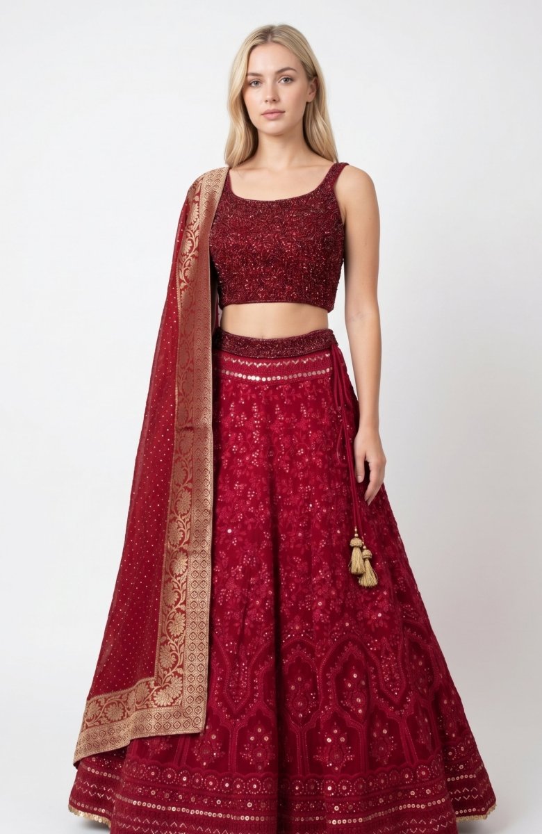 Maroon Heavy Embroidery Lehenga-[bridal_lehenga]-Raas