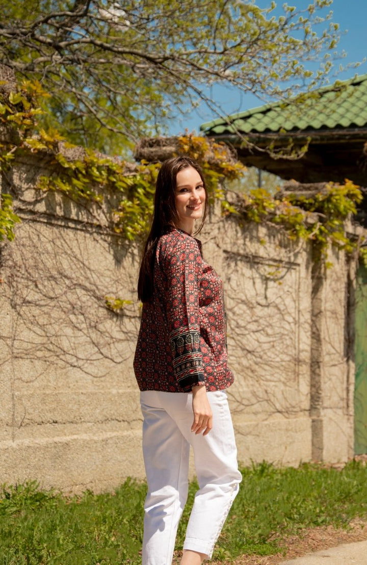 Maroon Muslin Silk Button-Up Top-Raas USA