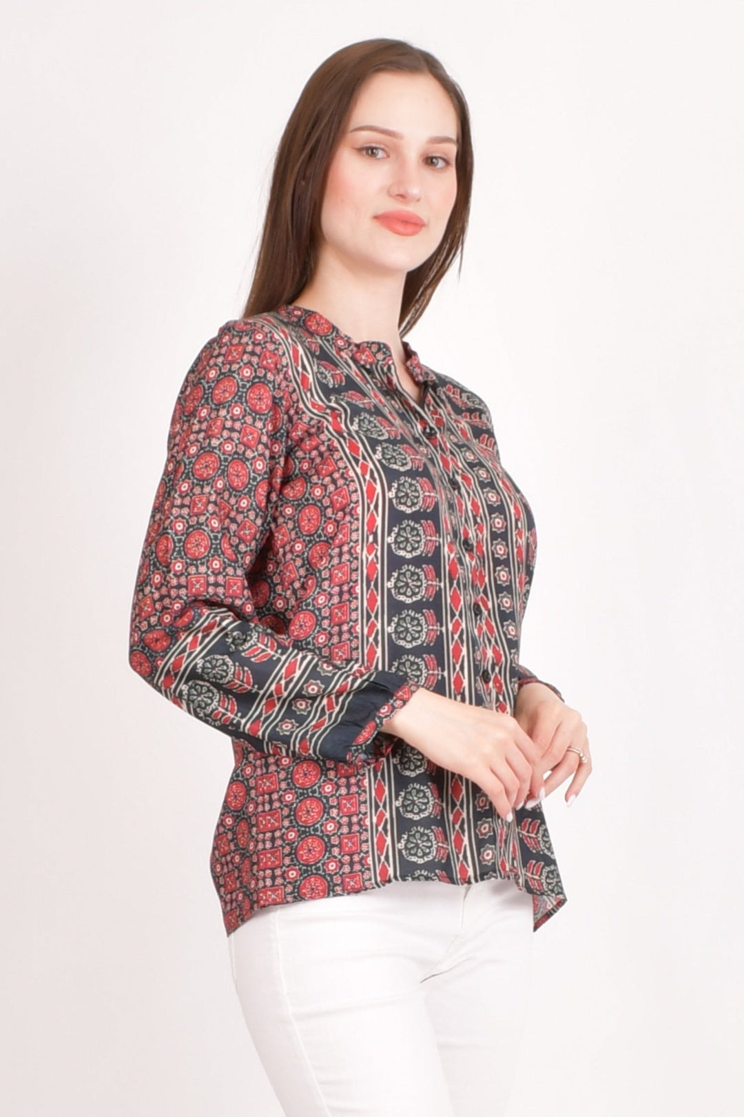 Maroon Muslin Silk Button-Up Top-Raas USA