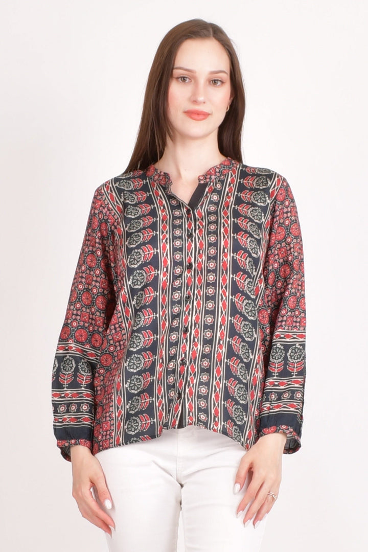 Maroon Muslin Silk Button-Up Top-Raas USA