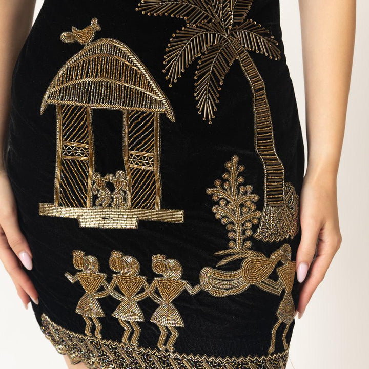 Mini Black Dress with Varli Hand Embroidery-Raas USA