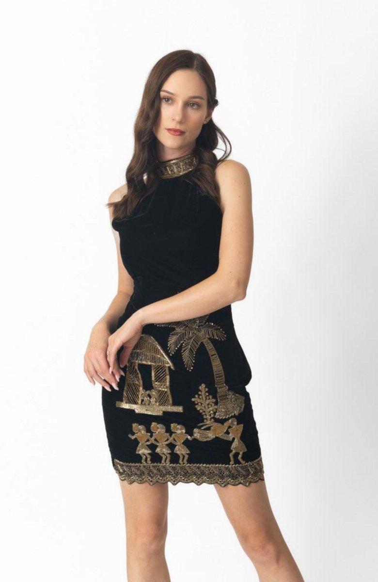 Black velvet mini dress with golden Varli hand embroidery, high neck, and cut-dana hem.
