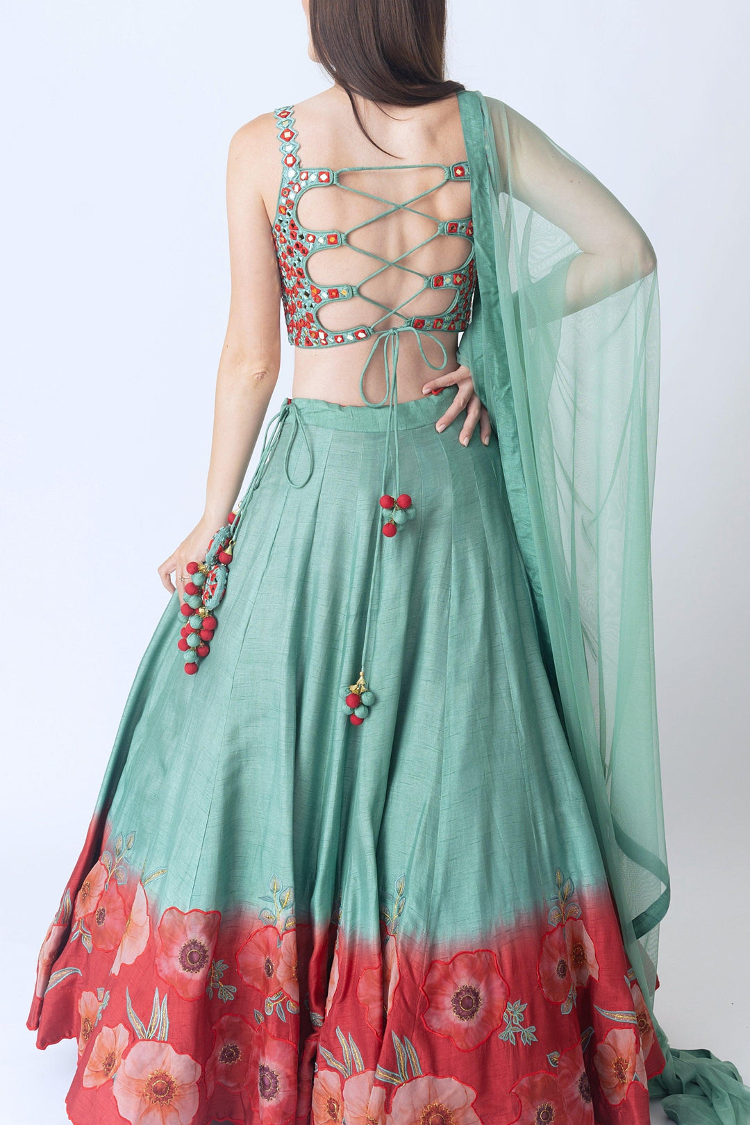 Mint Green Lehenga with Embroidered Blouse and Dupatta-[mehendi outfit]-Raas