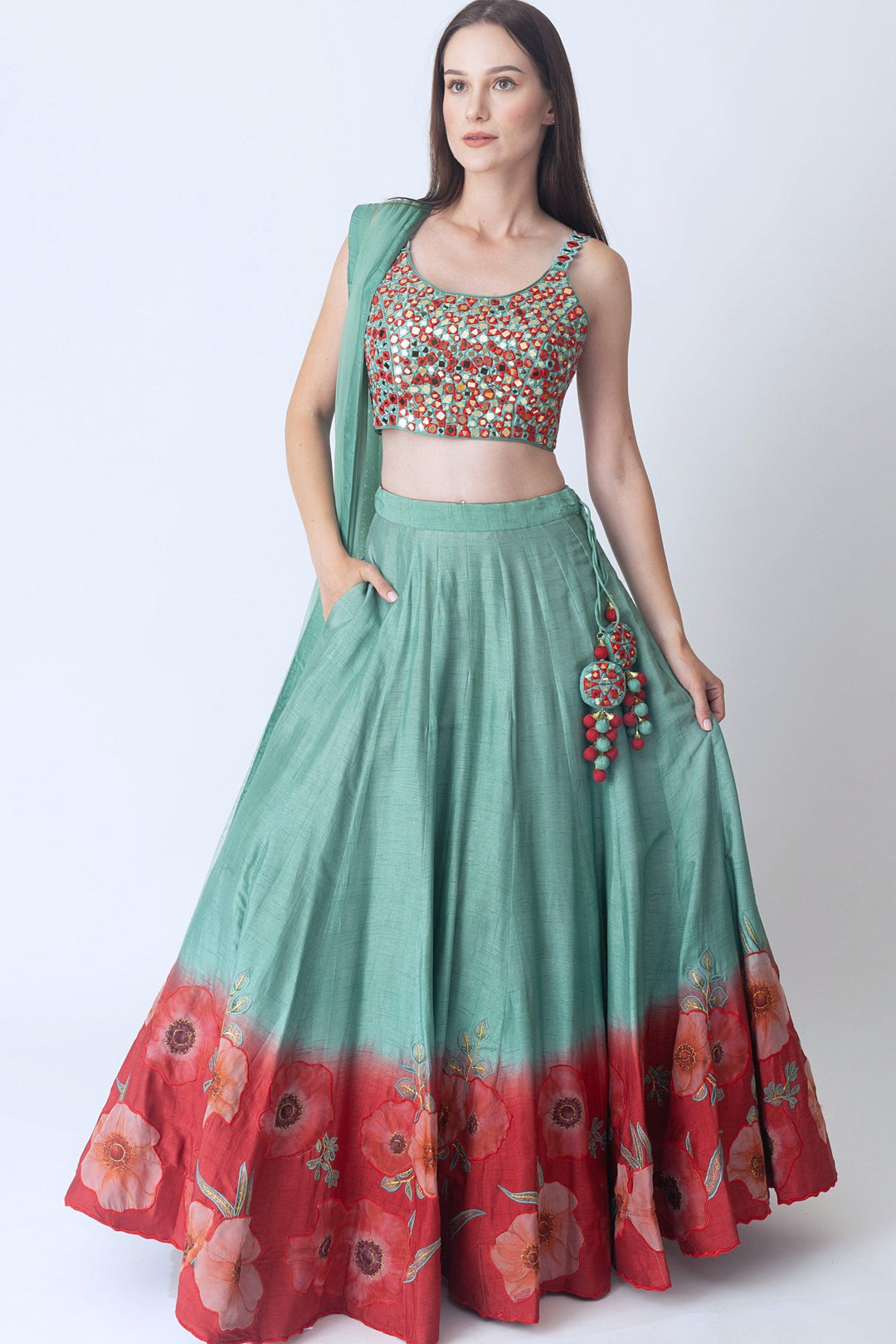 Mint Green Lehenga with Embroidered Blouse and Dupatta-[mehendi outfit]-Raas