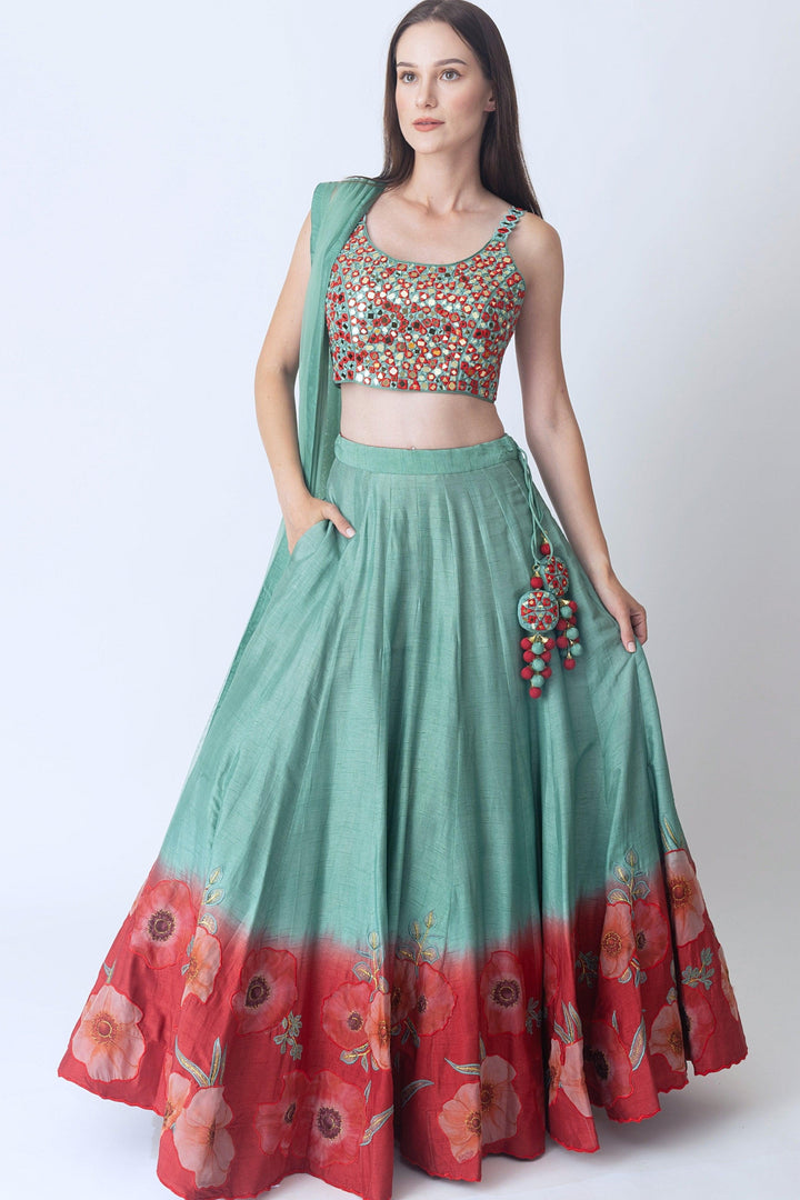 Mint Green Lehenga with Embroidered Blouse and Dupatta-[mehendi outfit]-Raas