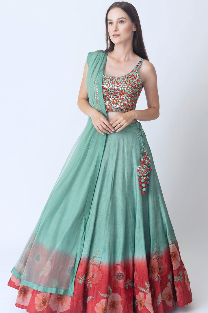 Mint Green Lehenga with Embroidered Blouse and Dupatta-[mehendi outfit]-Raas