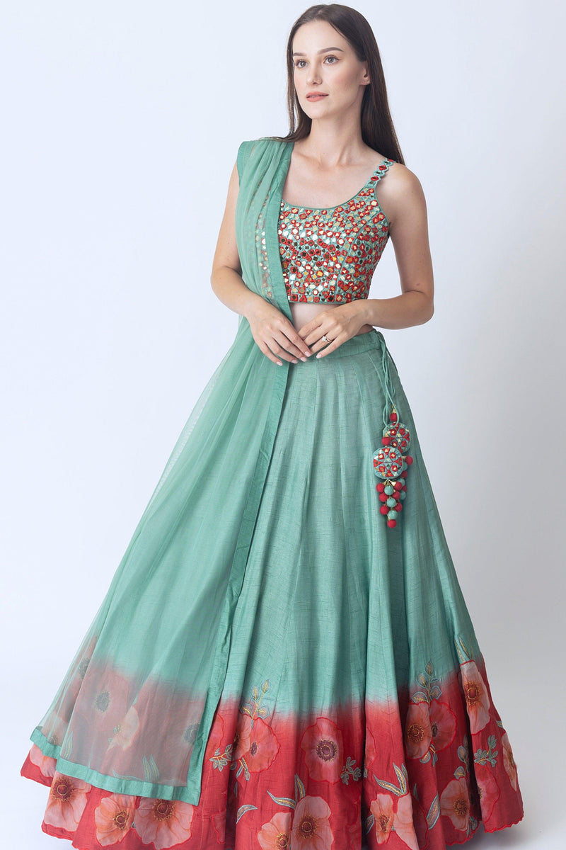 Mint Green Lehenga with Embroidered Blouse and Dupatta-[mehendi outfit]-Raas