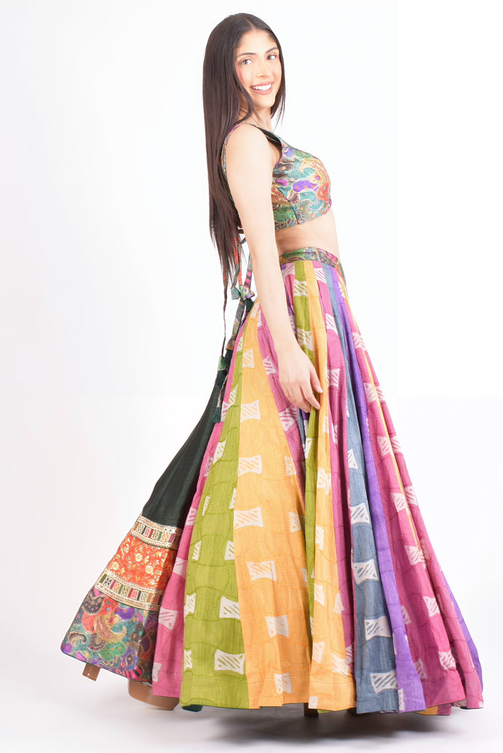 Mul cotton full flare multicolor Chaniya Choli with embroidered blouse, perfect for Garba.