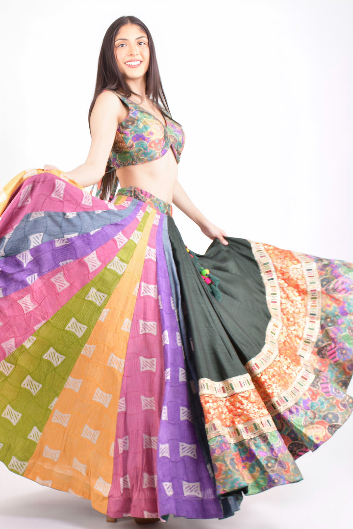 Woman in a dramatic twirl, showcasing a vibrant mul cotton full flare multicolor Chaniya Choli, ideal for Garba.