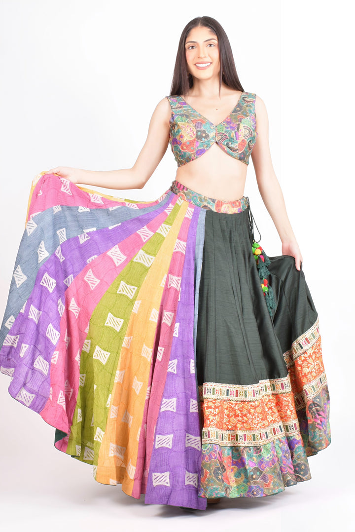 Mul cotton full flare multicolor Chaniya Choli for Garba, featuring a vibrant half-panel skirt and embroidered blouse.