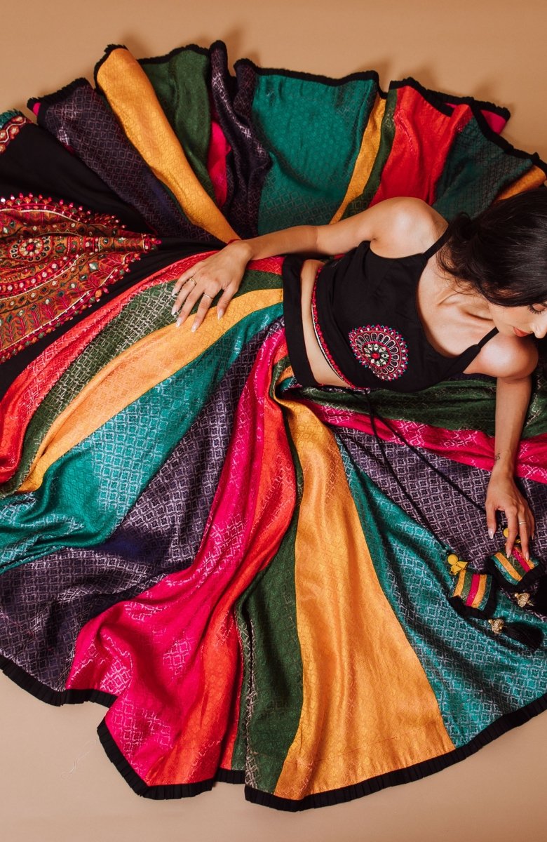 Multi Color Silk Chaniya Choli Set-[mirror work]-Raas