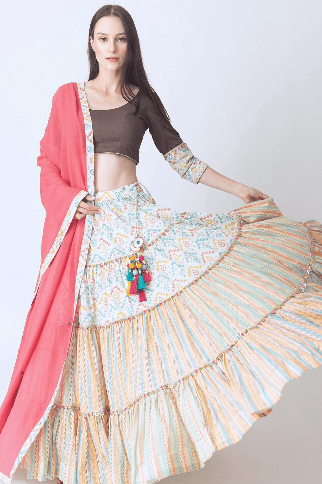 Multi Color Tiered Chaniya Choli Set-Raas USA