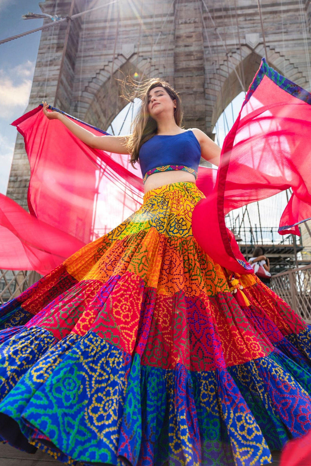 Multi tropical tiered chaniya choli, front view, Navratri and festive wear