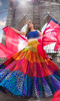 Multi tropical tiered chaniya choli, front view, Navratri and festive wear