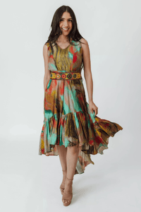 Multicolor abstract ruffle high-low muslin silk dress with an embroidered belt.