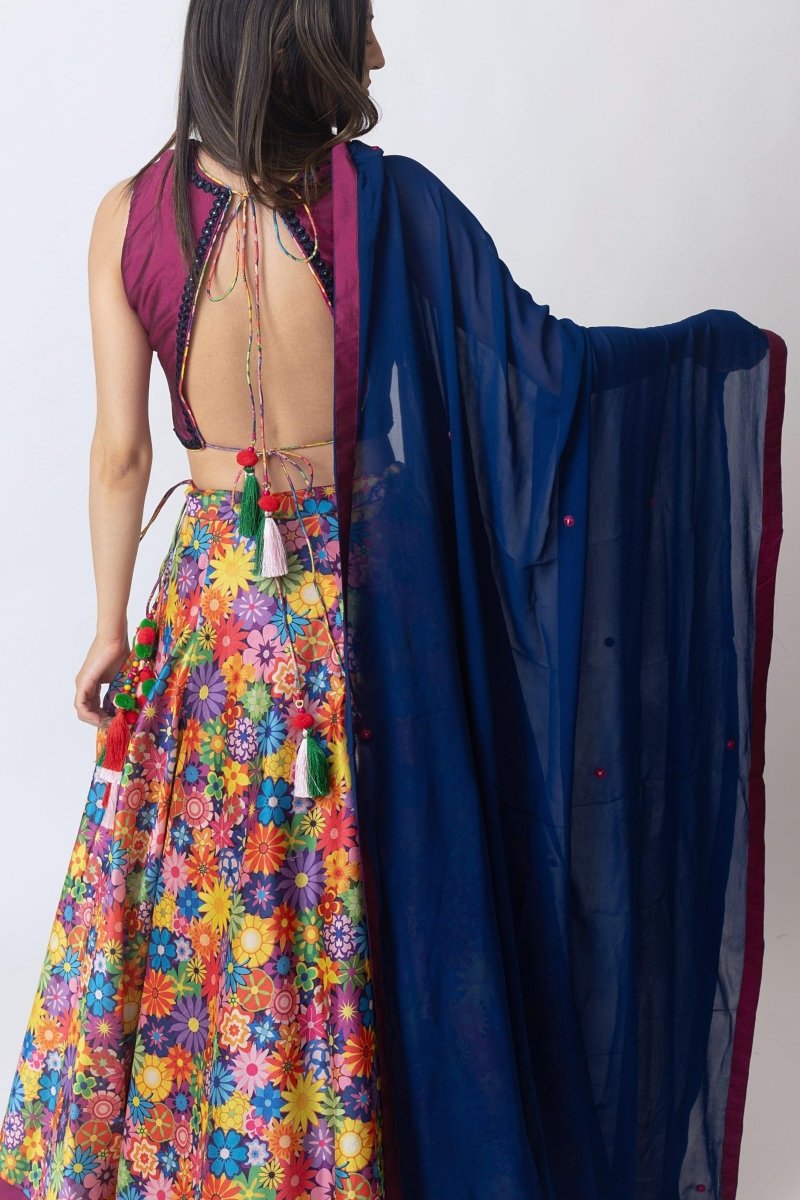 Back view of multicolor floral print lehenga choli with circle-back blouse