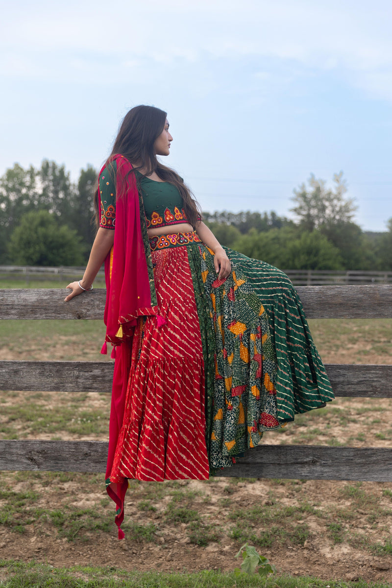 Multicolor full flare Chaniya Choli set in cotton-silk, featuring red, green, and yellow prints.