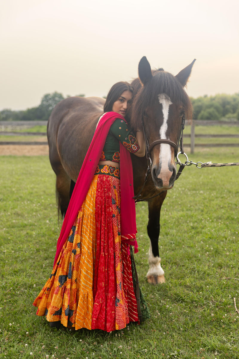 Multicolor full flare Chaniya Choli set with kachi embroidery, U-back blouse, and georgette dupatta, next to a horse.