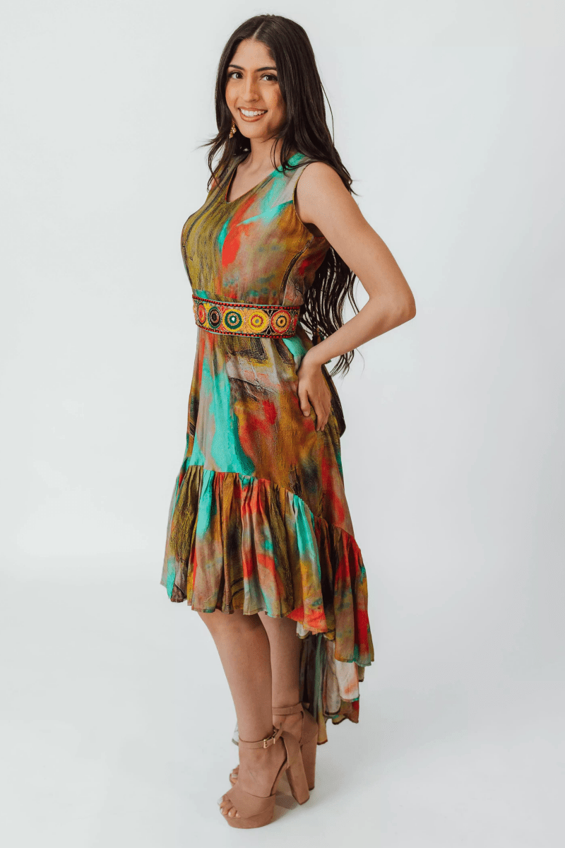 Multicolor Abstract Ruffle High Low Dress with Belt dresses RAAS