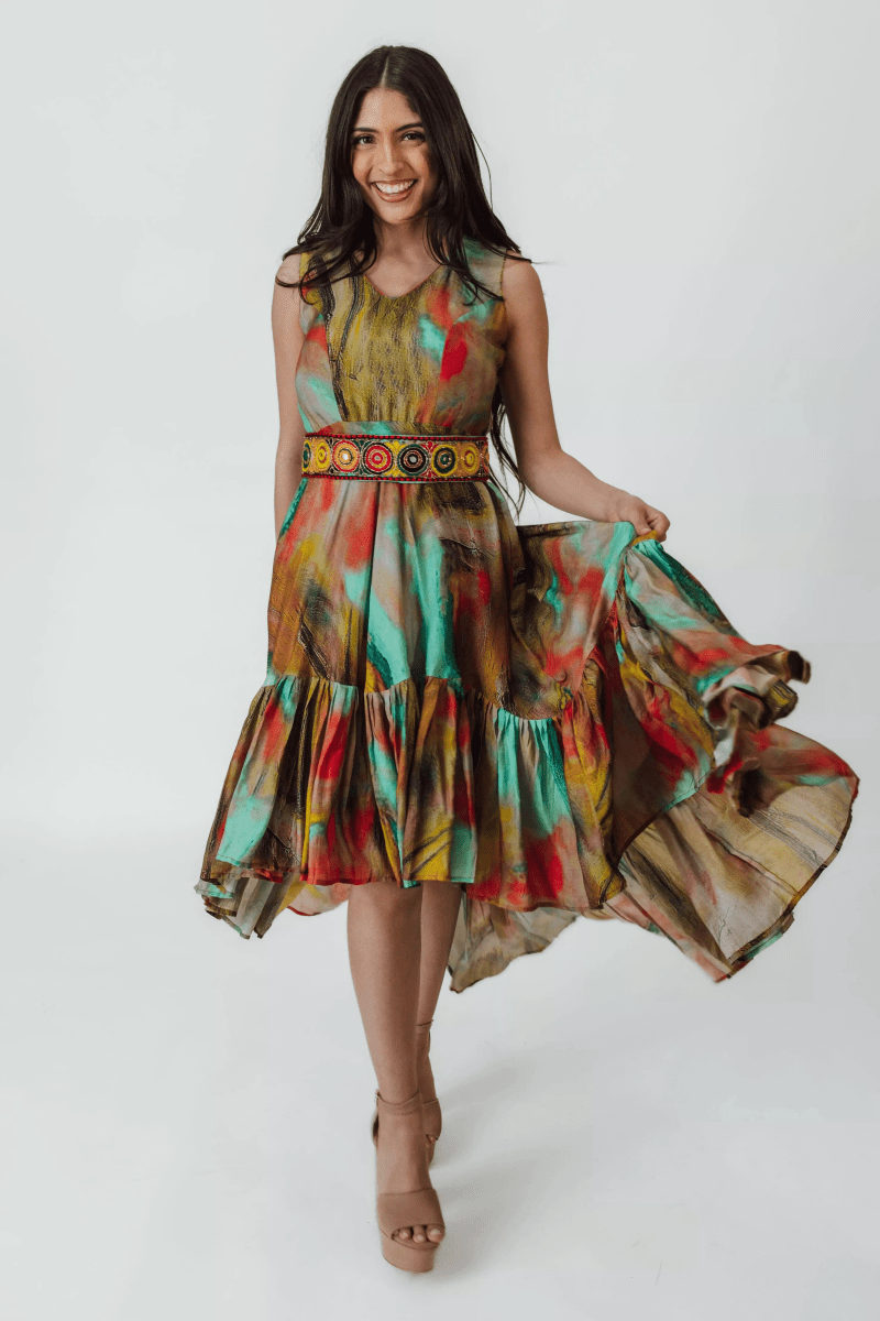 Multicolor Abstract Ruffle High Low Dress with Belt dresses RAAS