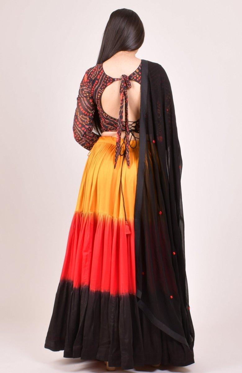 RAAS Multicolor Bandhani Chaniya Choli Back View - Resham Mirror Work Dupatta Sangeet Garba Outfit USA
