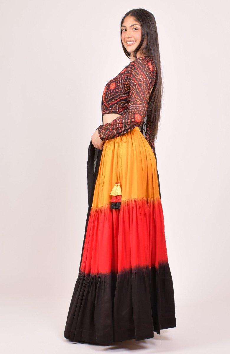 RAAS Multicolor Bandhani Chaniya Choli Mirror Work Dupatta Close-up - Sangeet Garba Lehenga Choli USA