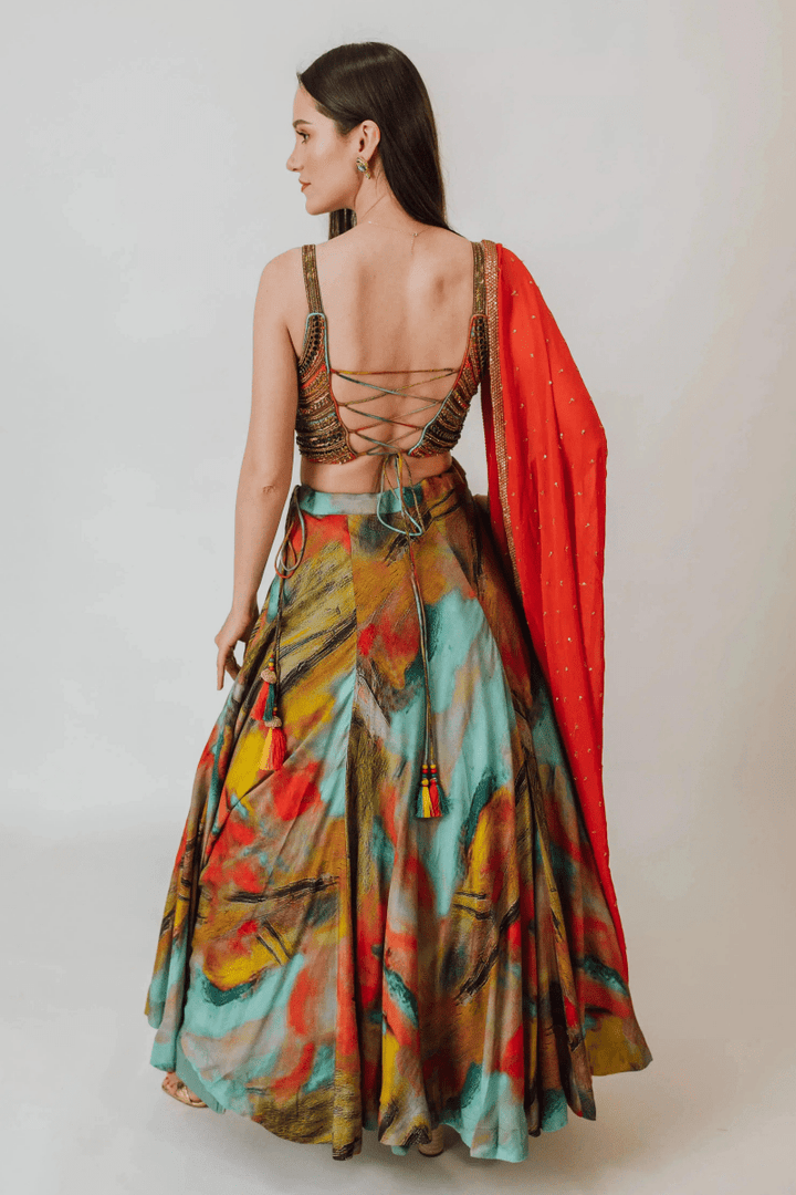 Multicolor Silk Lehenga Choli Set with Beaded Blouse-[mehendi outfit]-Raas