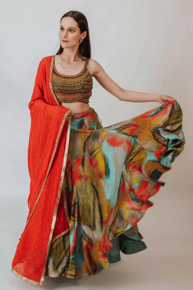 Multicolor Silk Lehenga Choli Set with Beaded Blouse-[mehendi outfit]-Raas