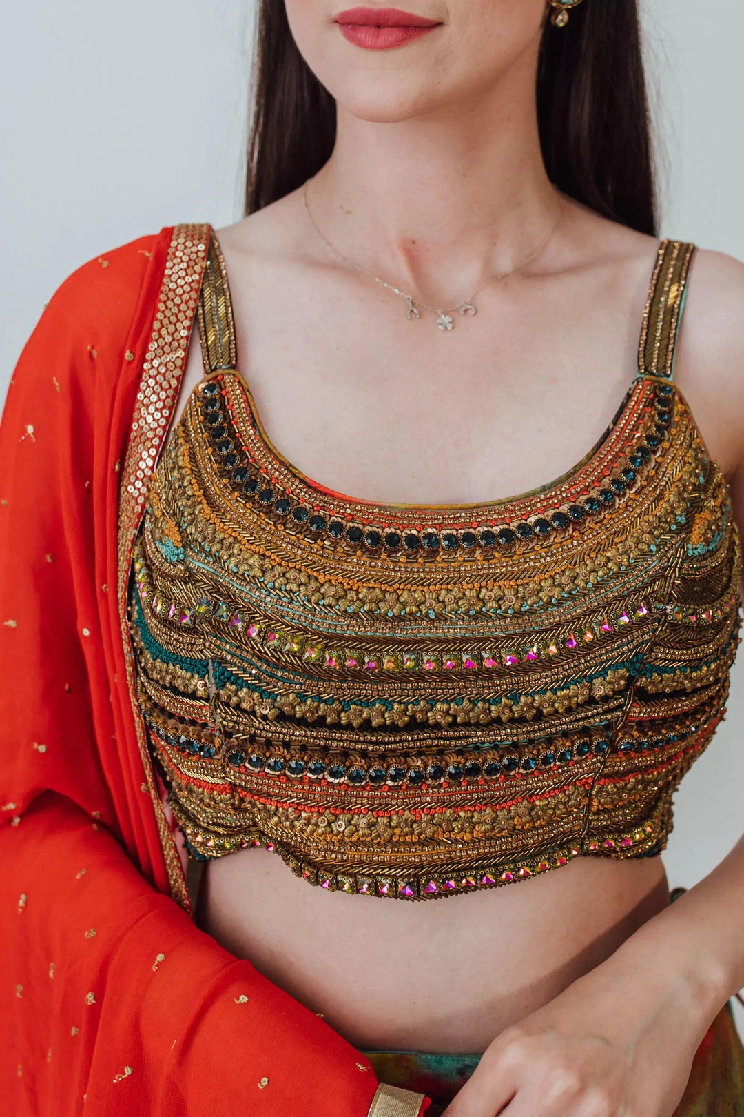 Multicolor Silk Lehenga Choli Set with Beaded Blouse-[mehendi outfit]-Raas