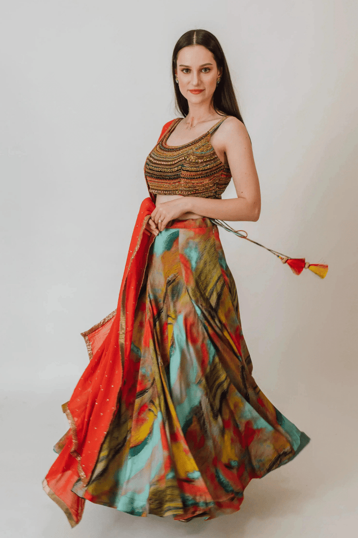 Multicolor Silk Lehenga Choli Set with Beaded Blouse-[mehendi outfit]-Raas