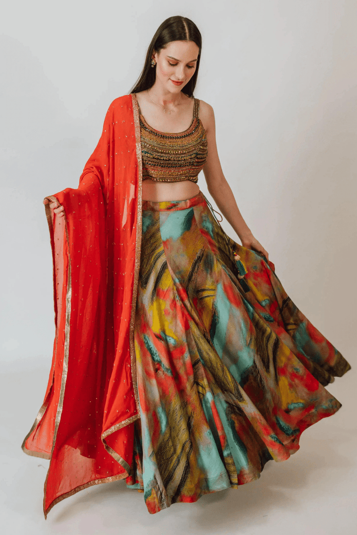 Multicolor Silk Lehenga Choli Set with Beaded Blouse-[mehendi outfit]-Raas
